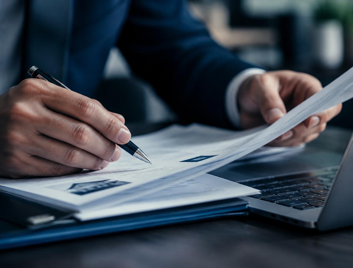 Reviewing insurance policy documents at a desk