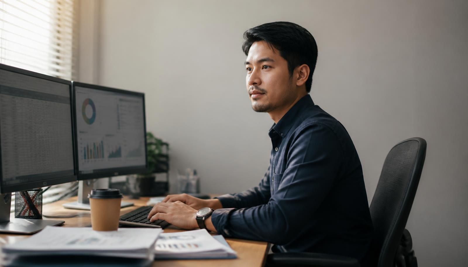 Insurance support professional working at a dual-monitor desk